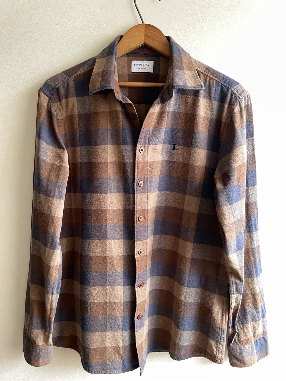 Lindbergh Relaxed Fit Plaid Flannel Shirt L 100% Cotton Brown Blue